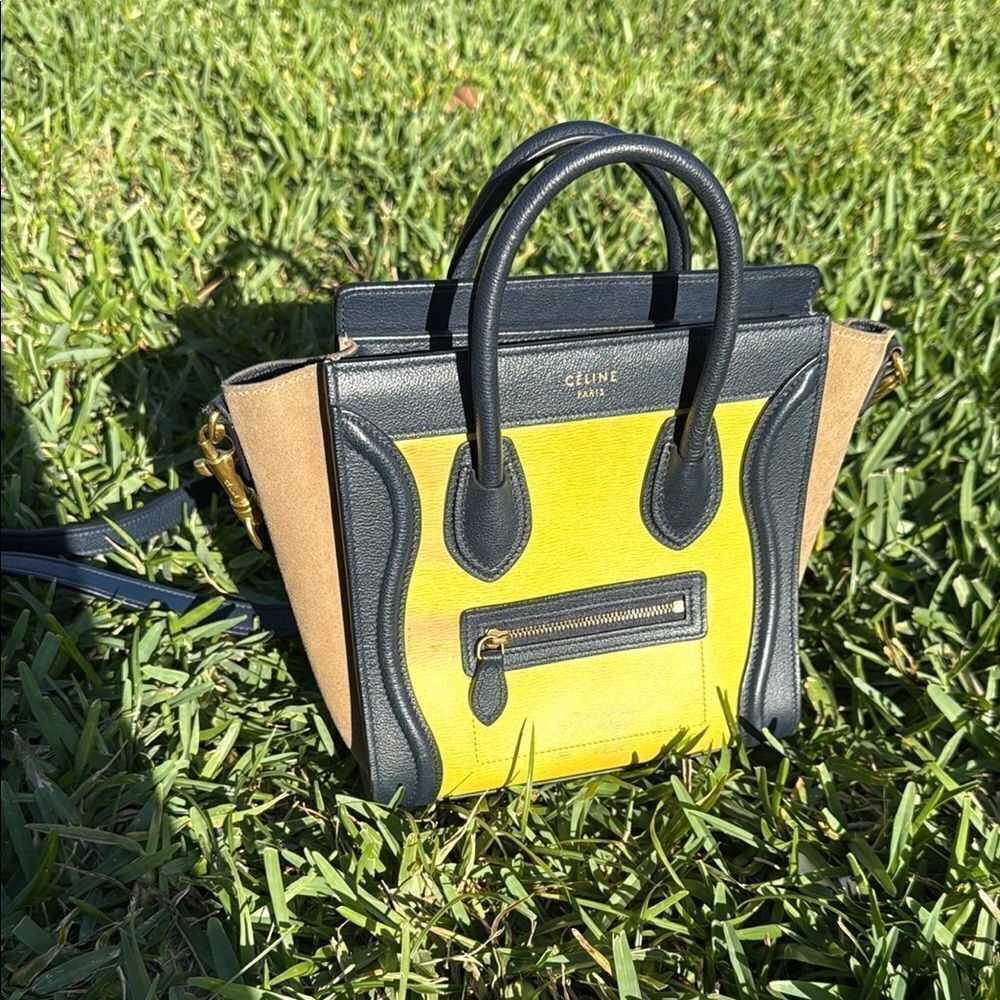 Celine Mini Luggage Handbag - Yellow Black & Tan Crossbody Strap Included - Picture 1 of 6